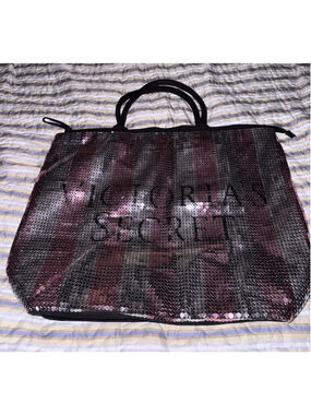 Victoria's Secret Sequin Tote Bag Pink Silver Striped Large Zipper Travel Beach